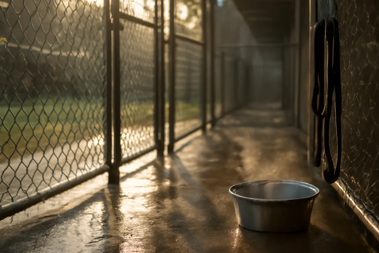 Empty outdoor dog run at a pet boarding kennel in early morning light