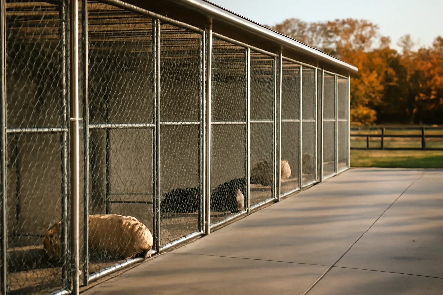 Outdoor dog kennel runs on a rural Iowa property in late afternoon light