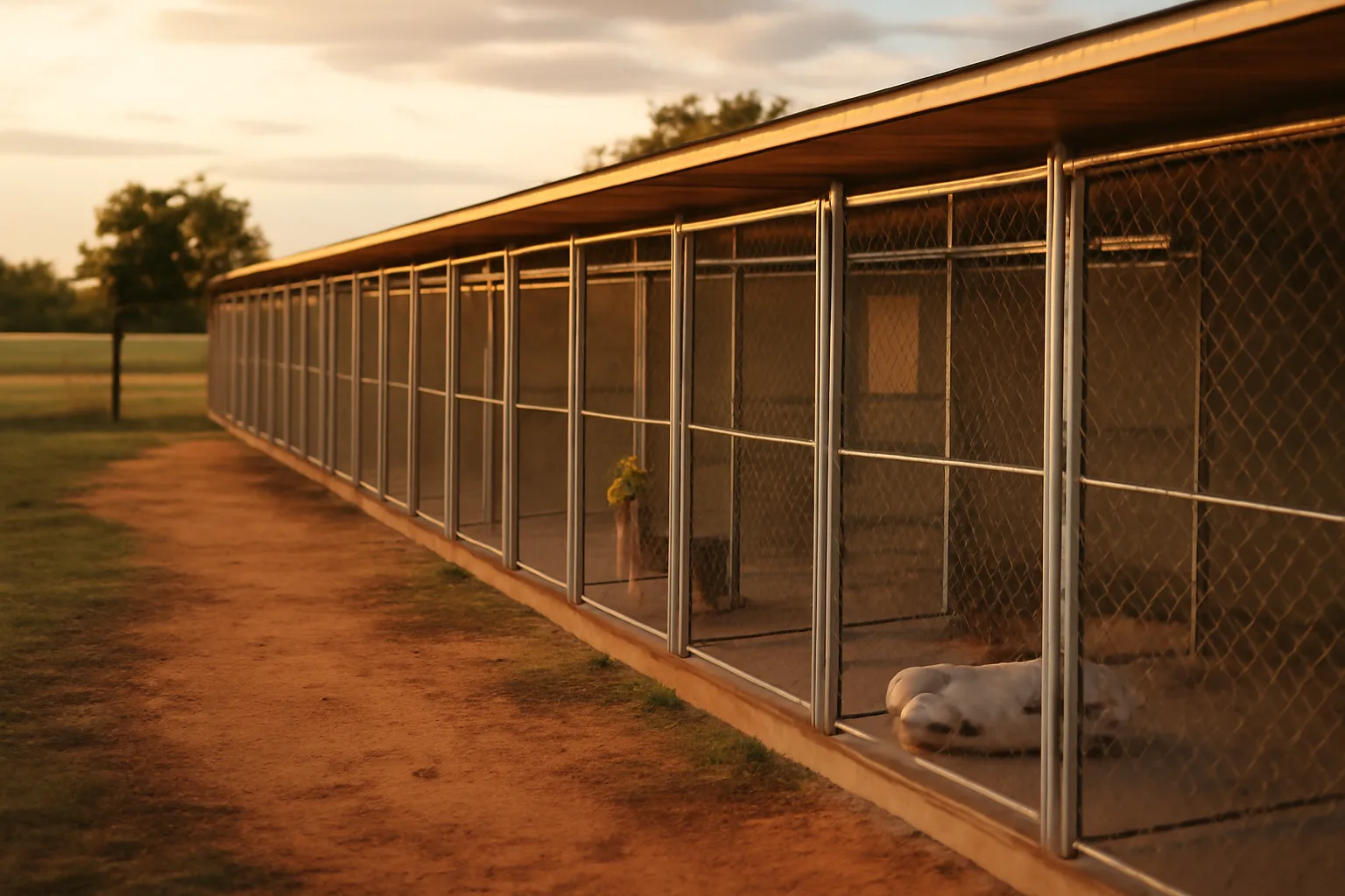 Outdoor dog kennel runs at a rural Oklahoma boarding facility at sunset