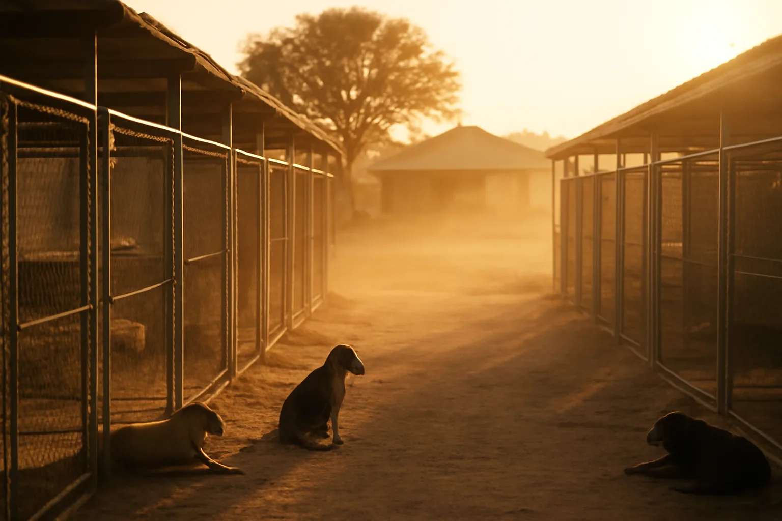 Rural Texas kennel yard with dog runs at golden hour
