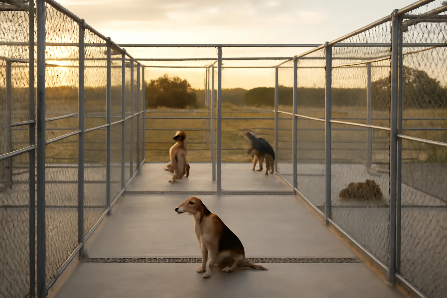 Rows of outdoor dog kennel runs on a Texas boarding facility at sunset