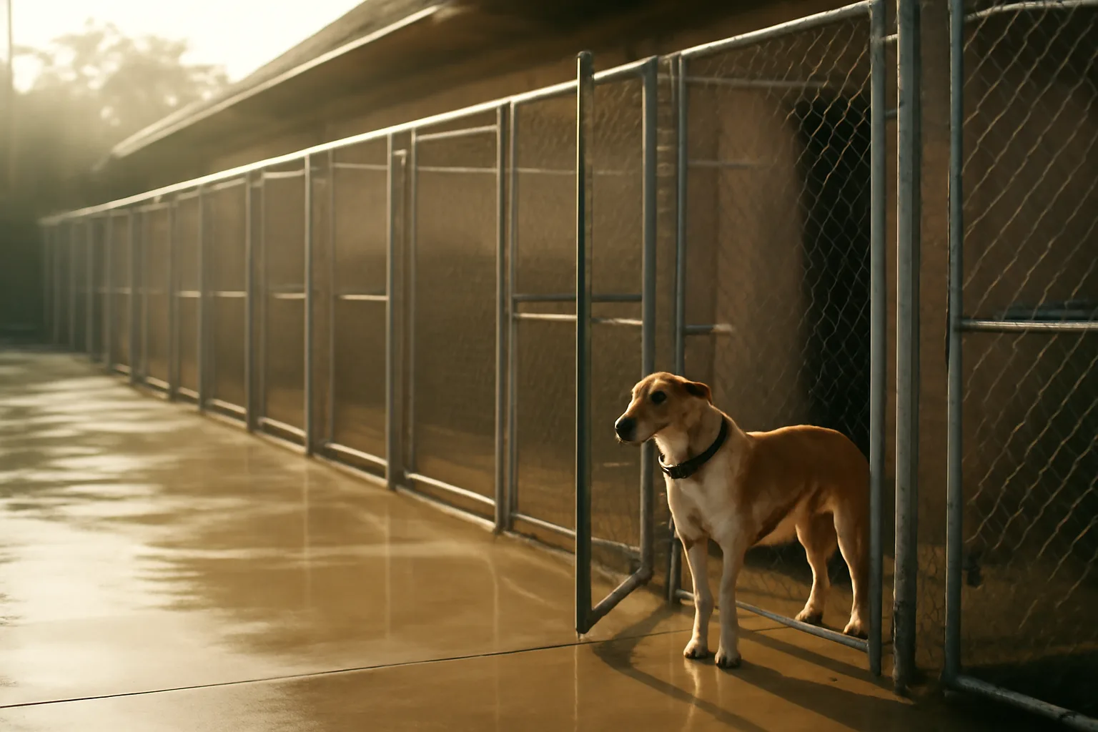 Outdoor kennel runs at a Texas boarding facility in early morning light
