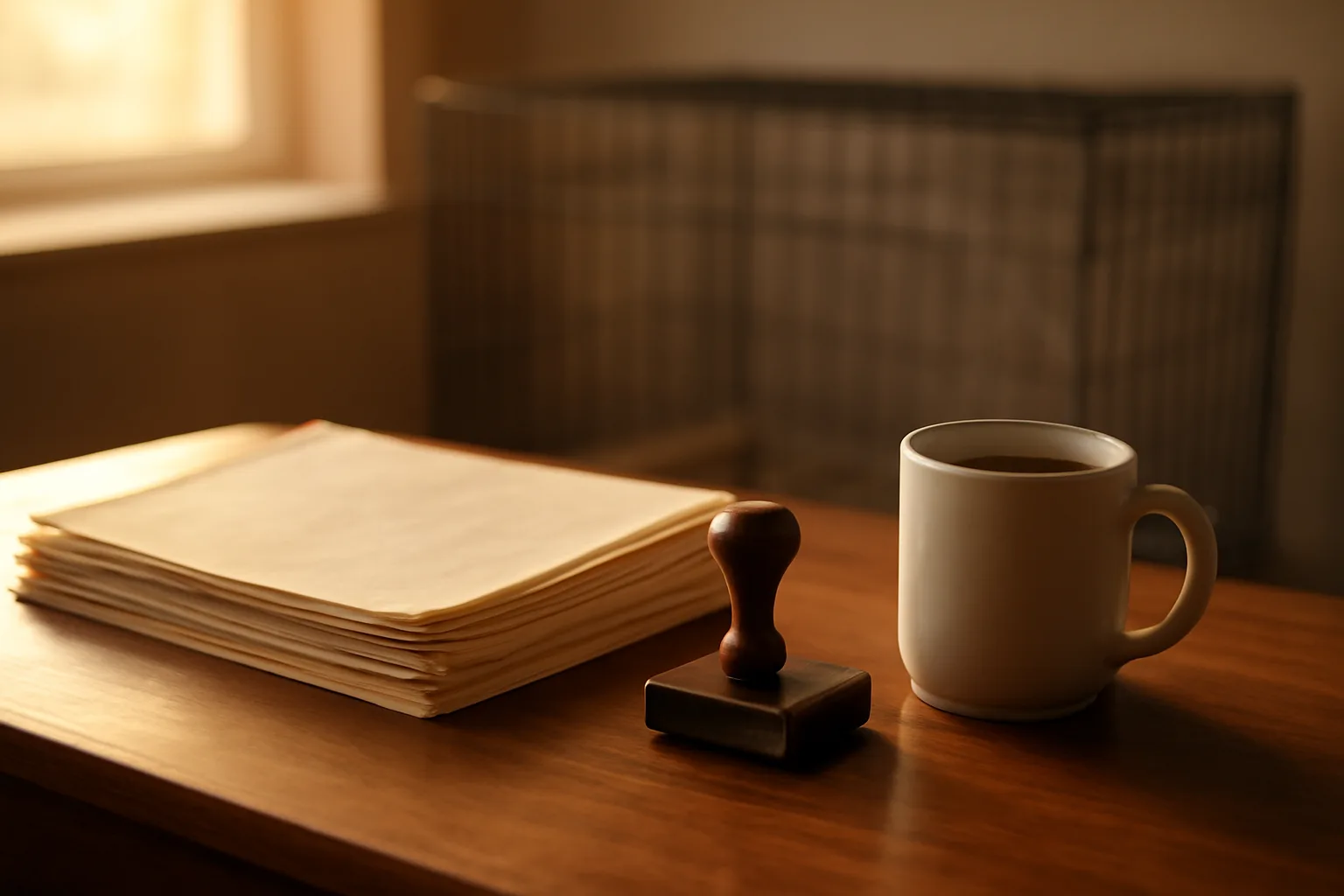 Desk with pedigree paperwork and coffee near a dog crate, representing UKC kennel club registration