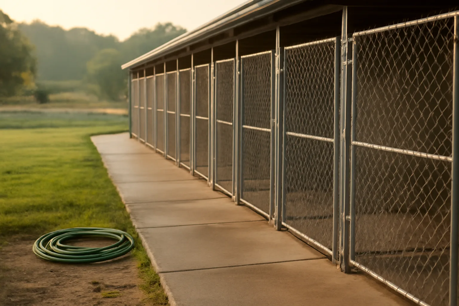 Outdoor kennel runs at a licensed dog breeding facility in morning light