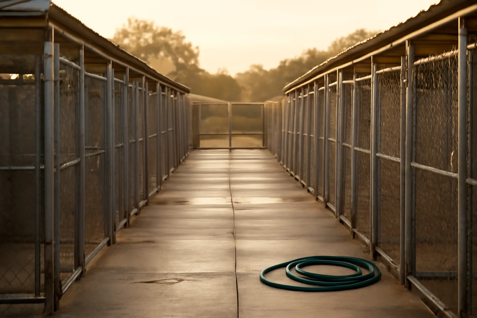 Outdoor kennel runs at a licensed dog breeding facility in morning light