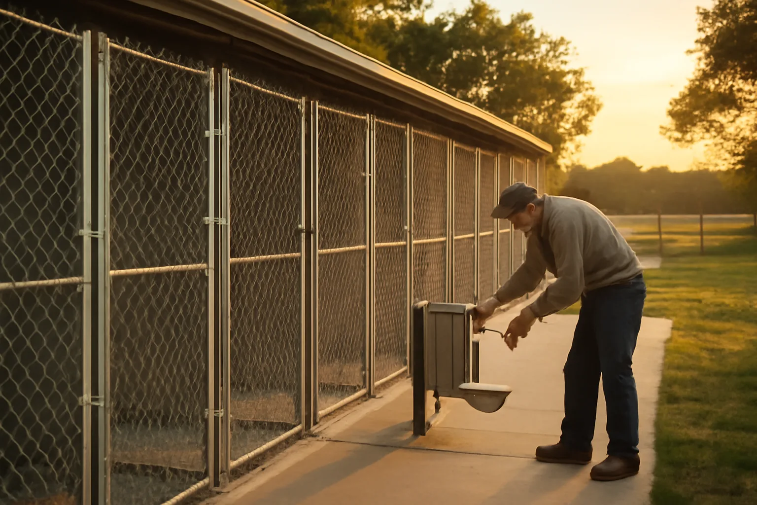 Outdoor kennel runs at a USDA licensed breeding facility during evening check