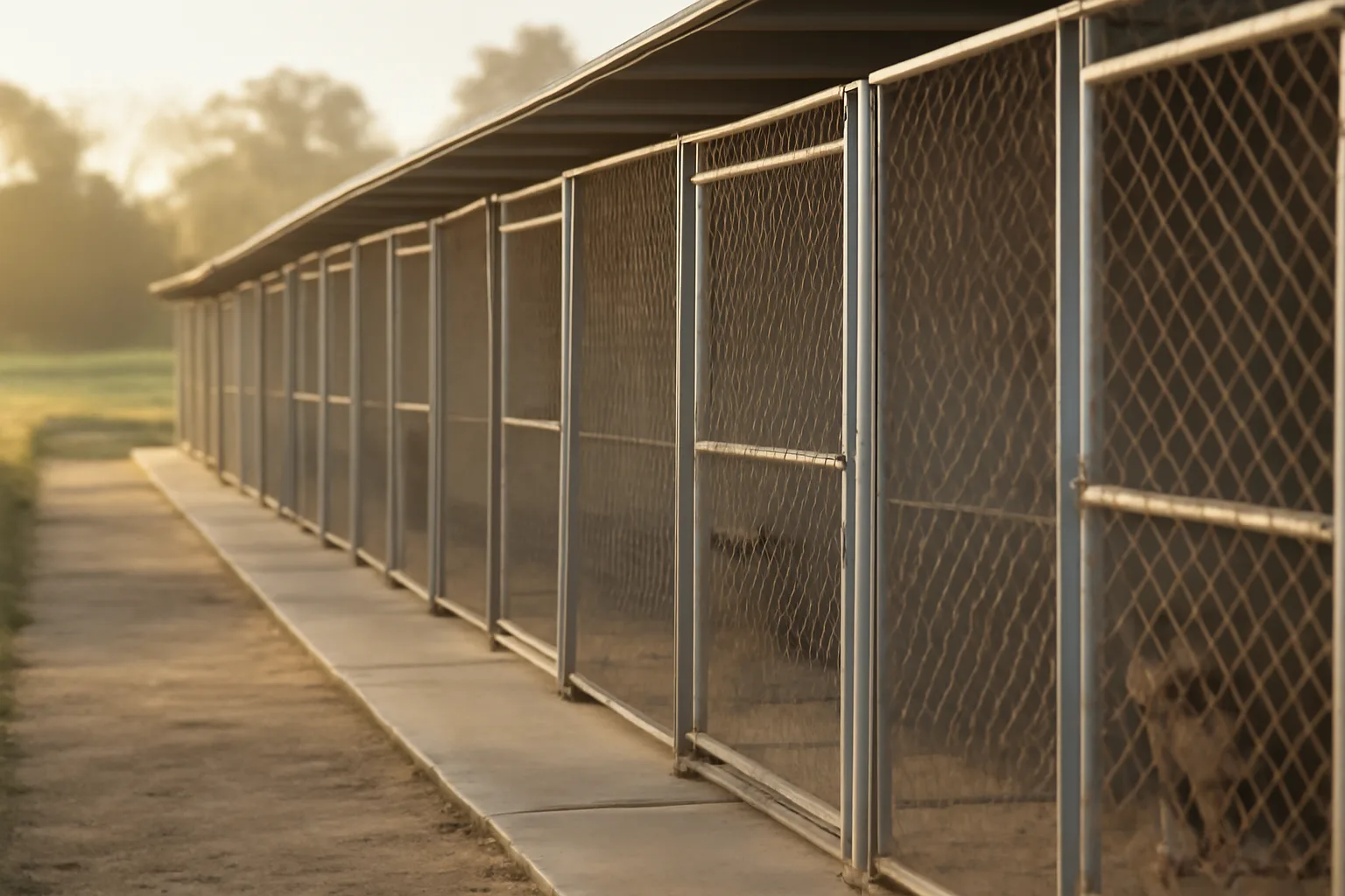 Outdoor kennel runs at a small USDA licensed dog breeding facility in morning light