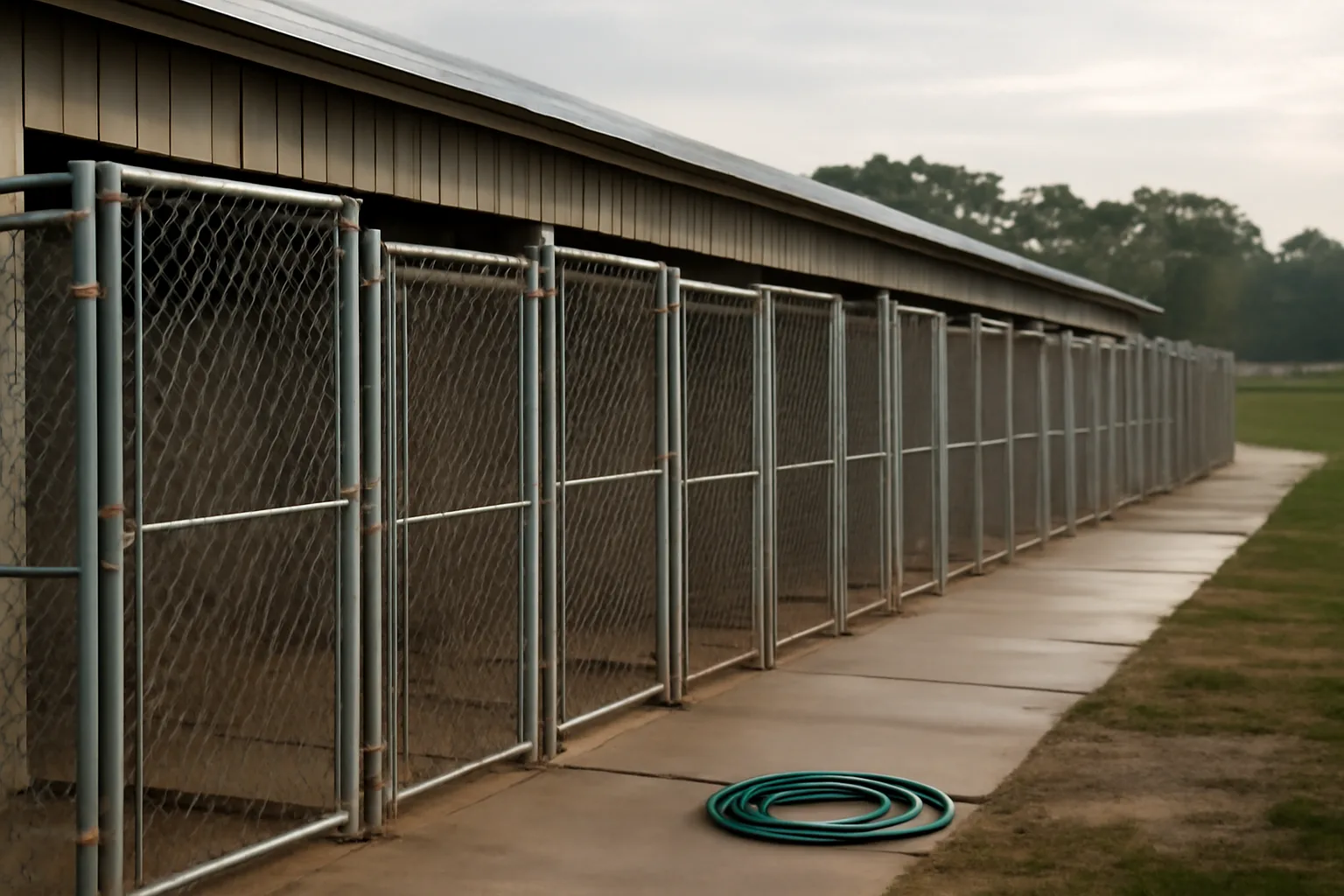 Outdoor kennel runs at a USDA registered dog breeders facility in early morning light