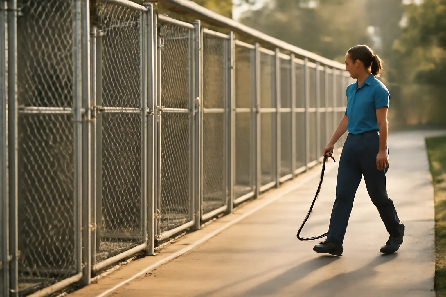 Outdoor kennel runs at a licensed dog boarding facility in morning light