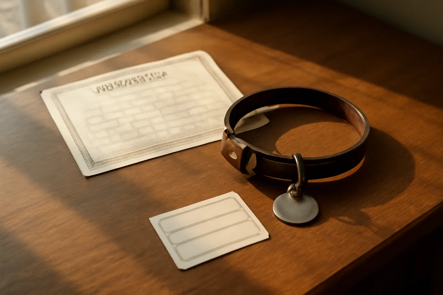 Pedigree certificate, license tag, and vaccination card compared on a desk
