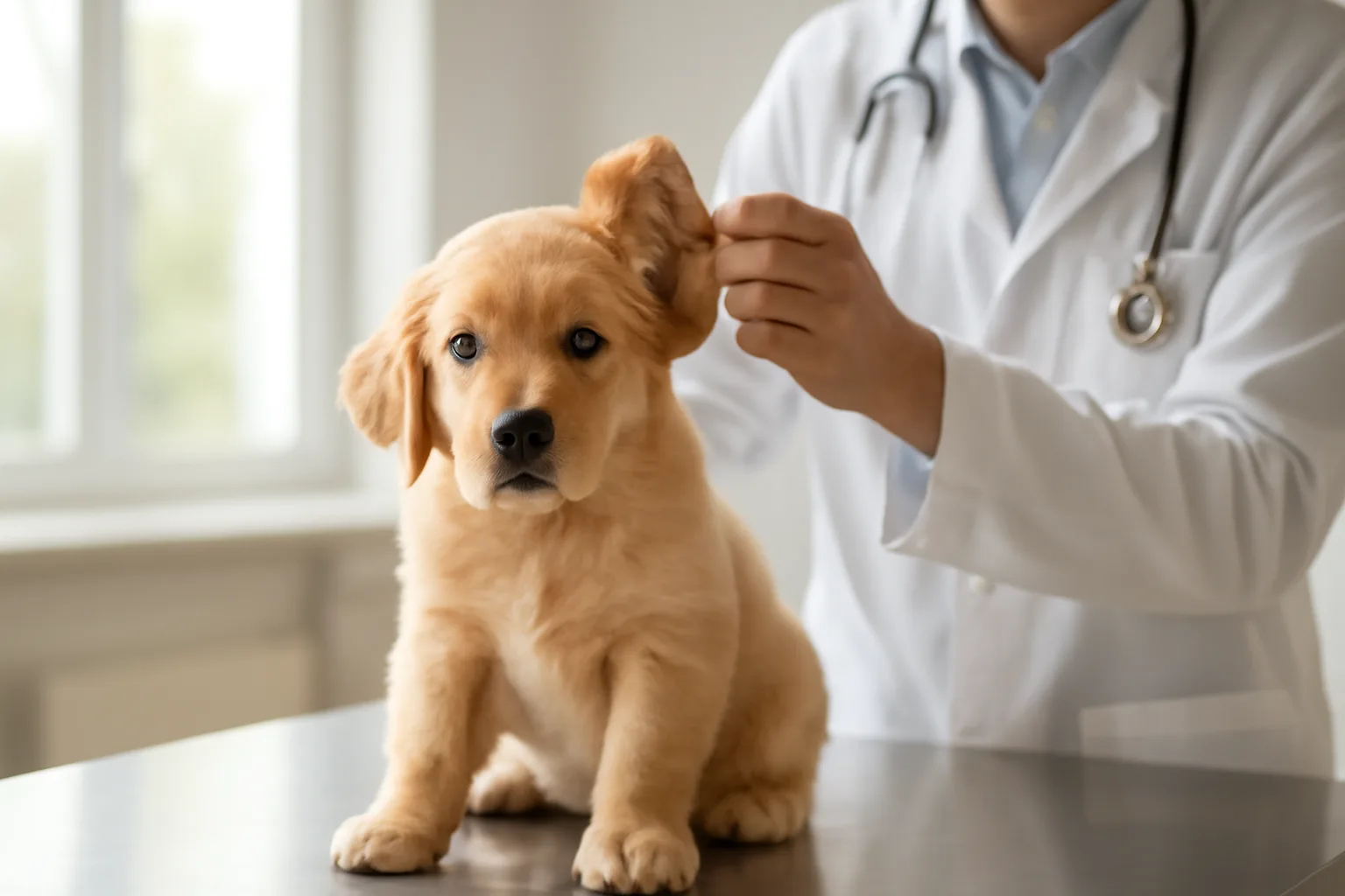Puppy being examined at a veterinary clinic, related to akc registered dog status