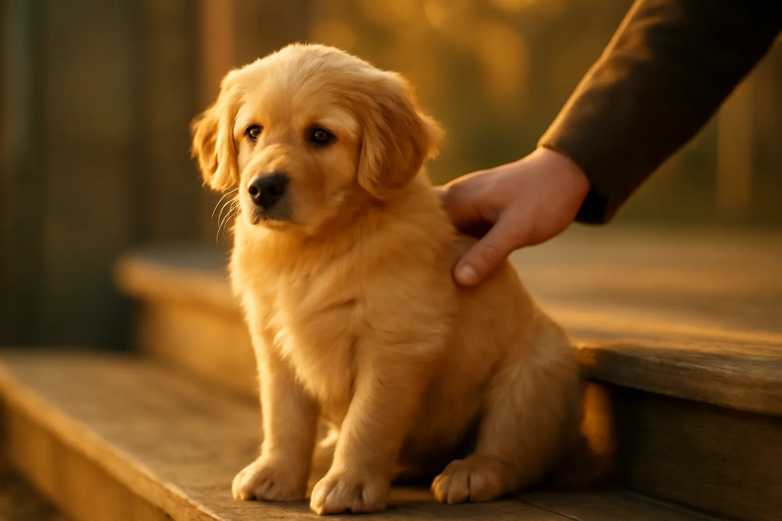 Puppy sitting on a porch step in evening light with owner's hand nearby