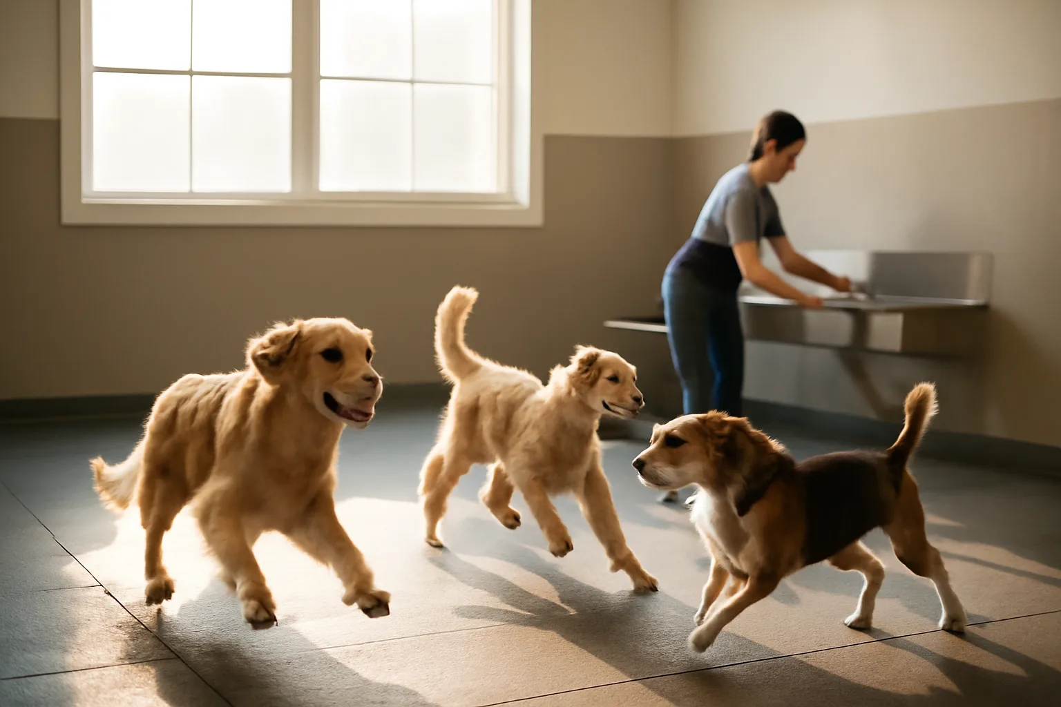 Sunlit indoor dog daycare play area with dogs and a staff member cleaning nearby