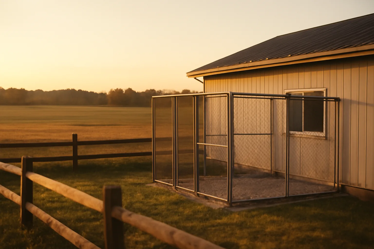 Fenced outdoor dog run on rural land showing kennel zoning setback from open fields