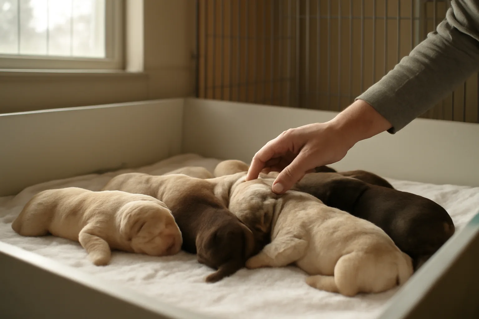 Breeder checking newborn puppies in a whelping box with morning light