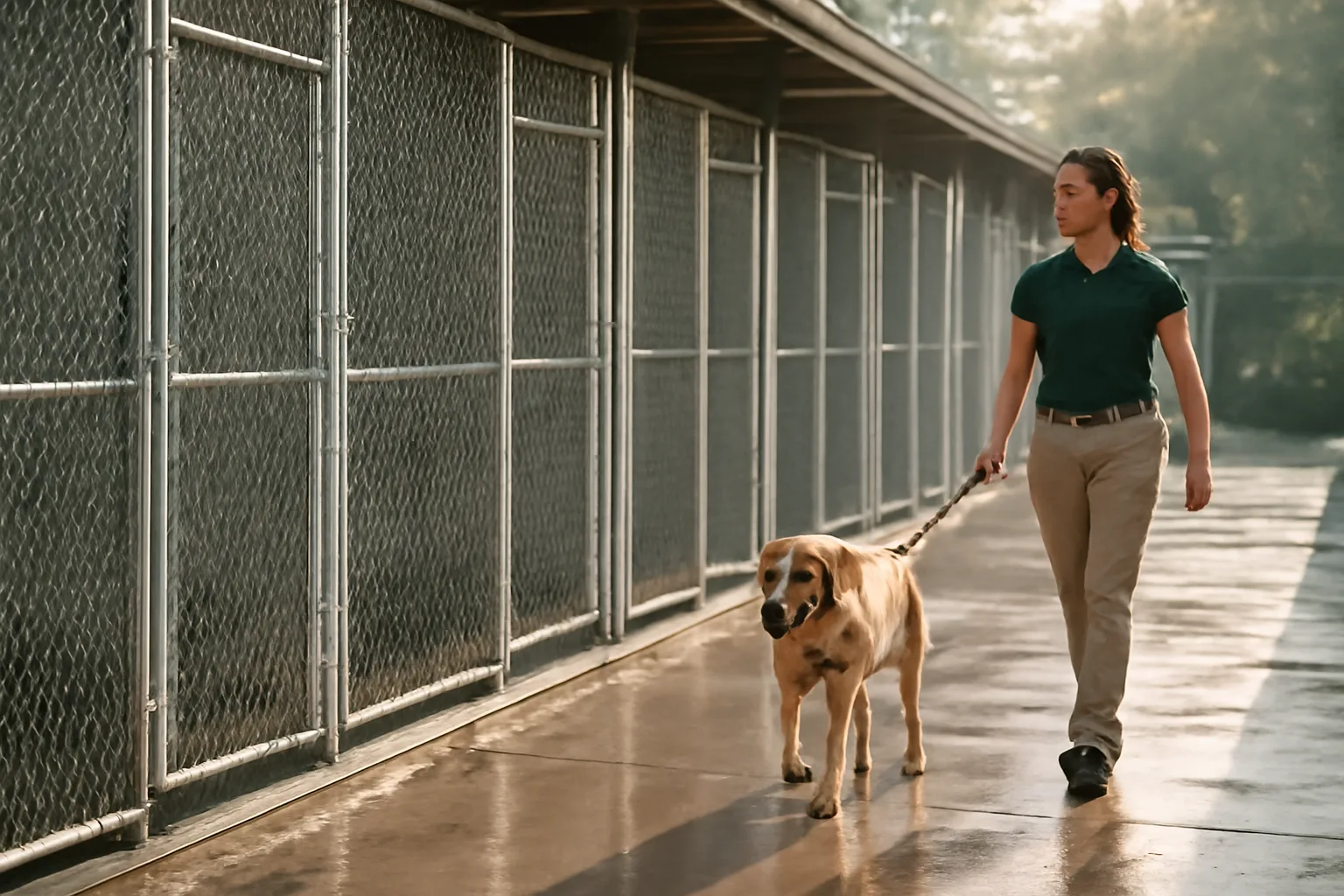 Outdoor kennel runs at a licensed boarding facility in early morning light