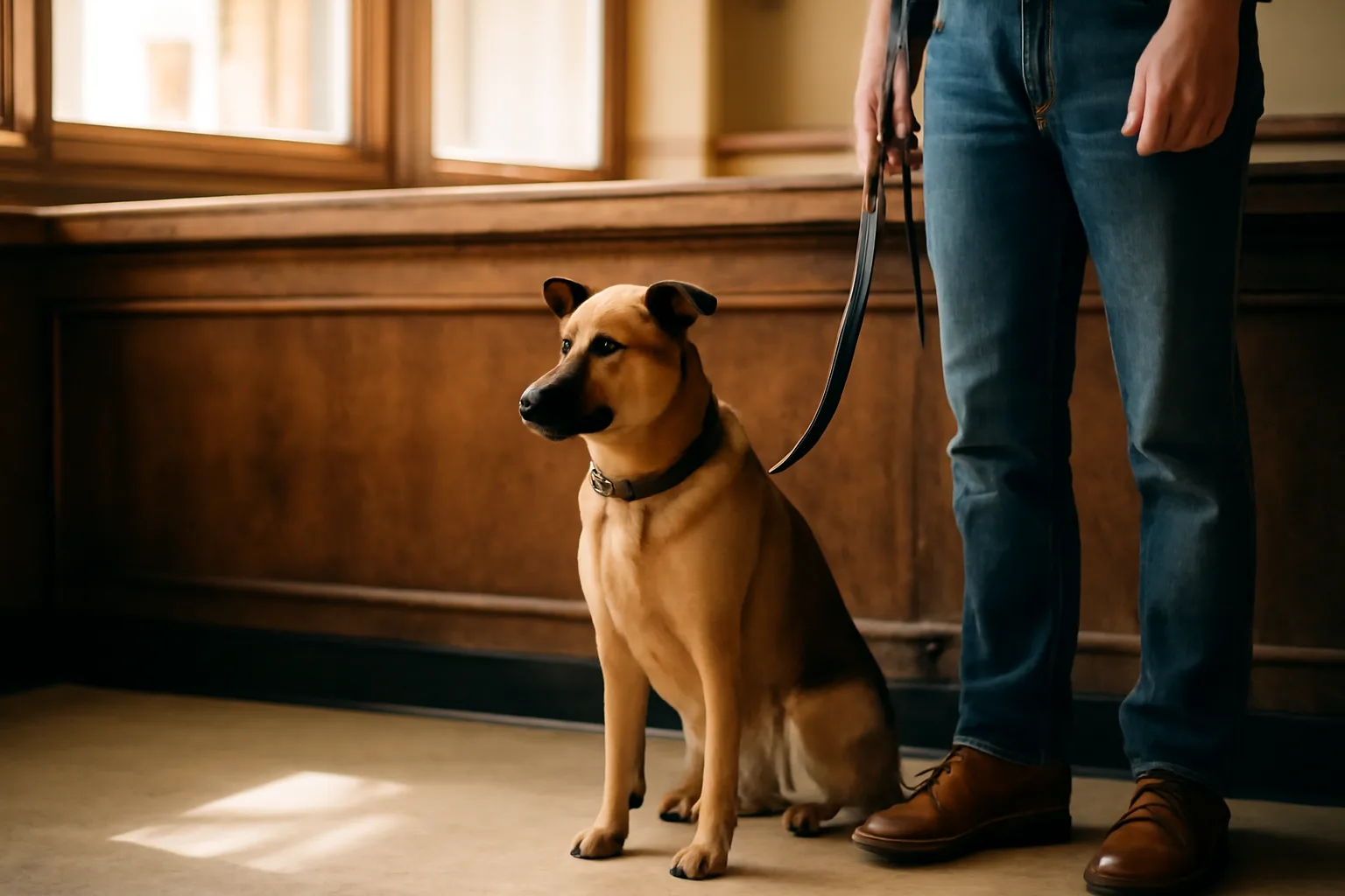 Dog owner standing at a city clerk counter to register a pet dog