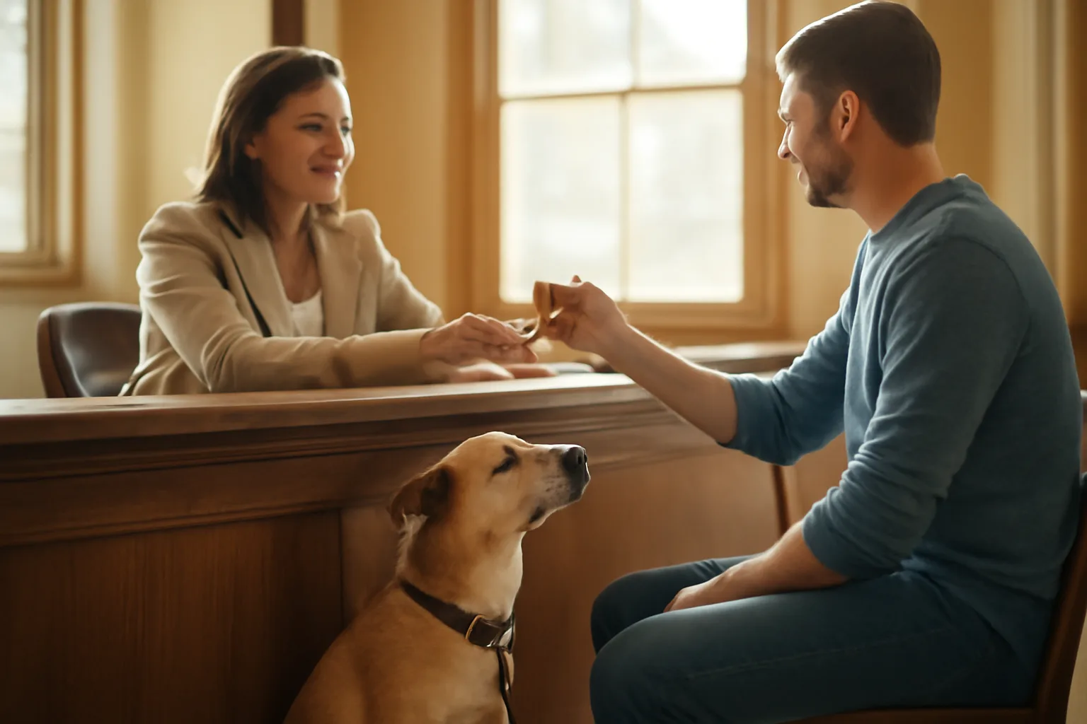 Dog owner receiving a license tag from a county clerk at the counter