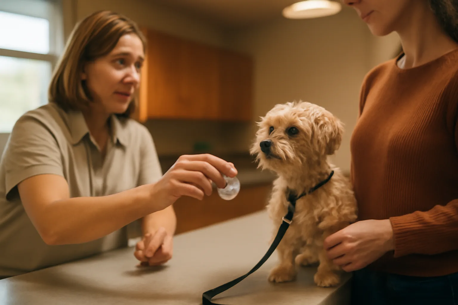 Dog owner receiving a county license tag at an animal control office counter